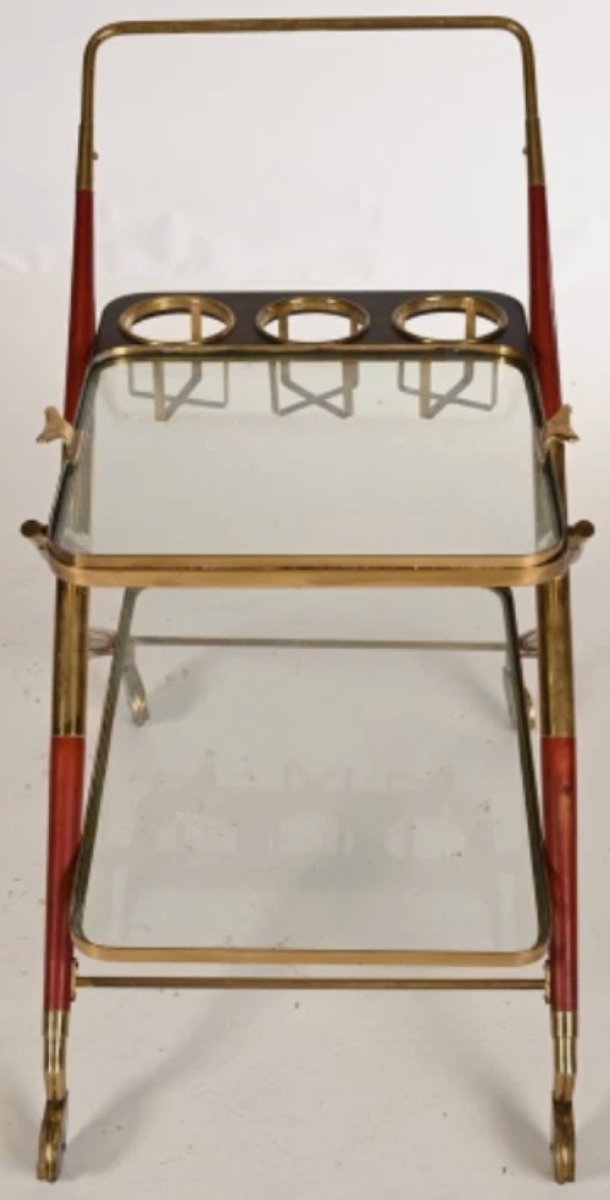 Cesare LACCA (1929) pour Cassina : Petite desserte à roulette, en bois, verre et laiton-photo-4