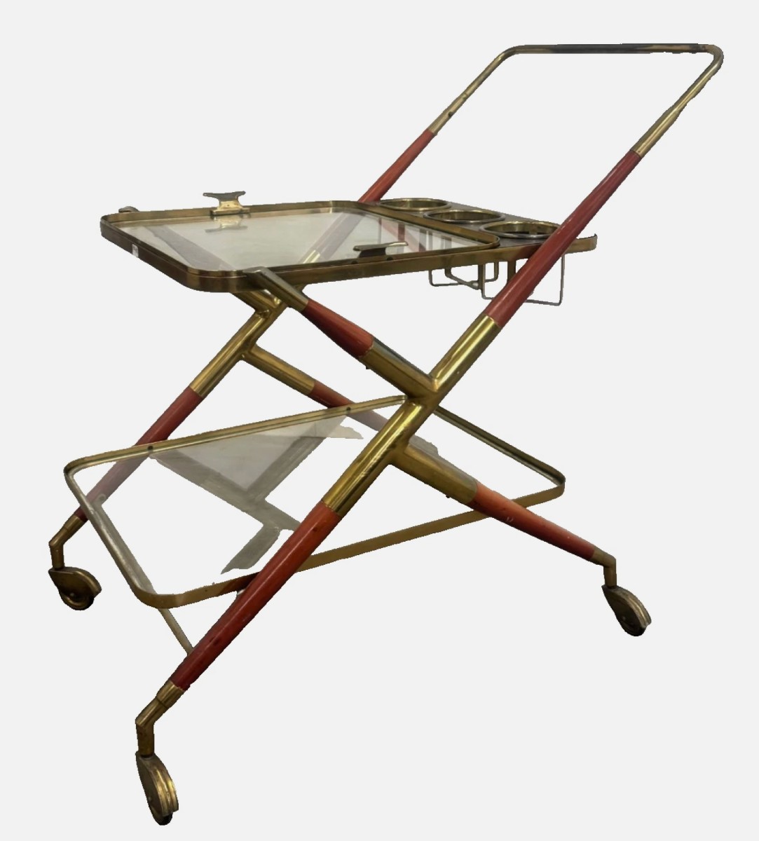 Cesare LACCA (1929) pour Cassina : Petite desserte à roulette, en bois, verre et laiton