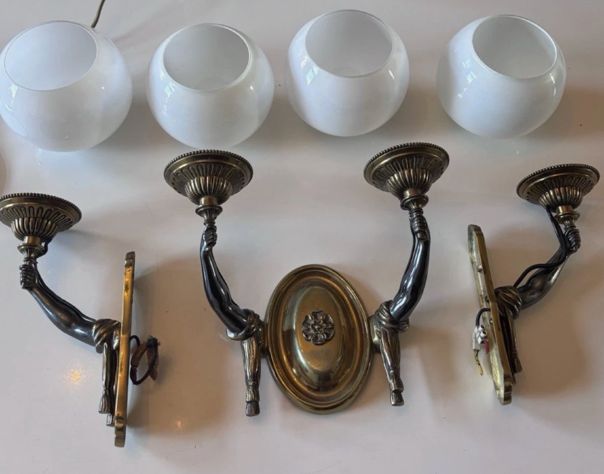 Maison Charles (attributed To) Set Of 3 Bronze Sconces Decorated With Nubian Arms -photo-2