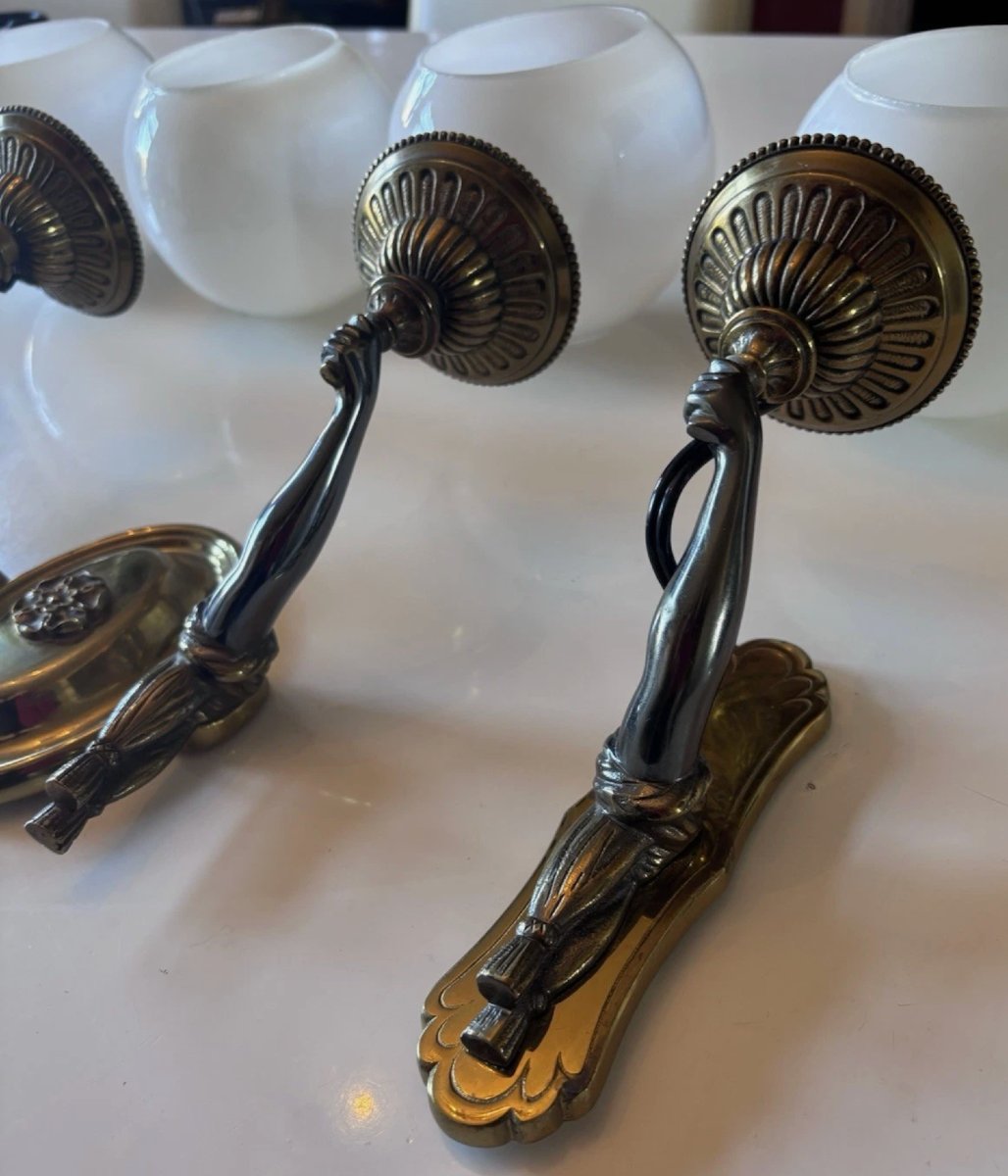Maison Charles (attributed To) Set Of 3 Bronze Sconces Decorated With Nubian Arms -photo-3