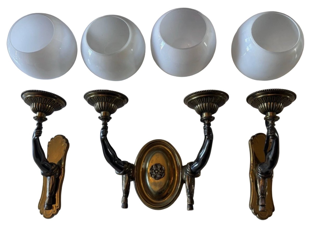 Maison Charles (attributed To) Set Of 3 Bronze Sconces Decorated With Nubian Arms 