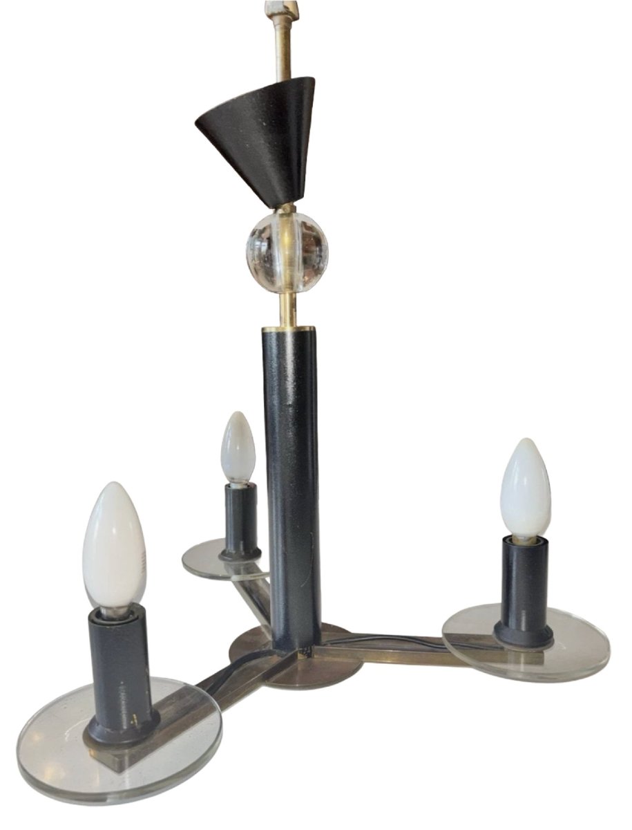 Morand Henri (1914-2010) Art Deco Chandelier In Brass, Gilt Bronze And Glass. Signed-photo-4