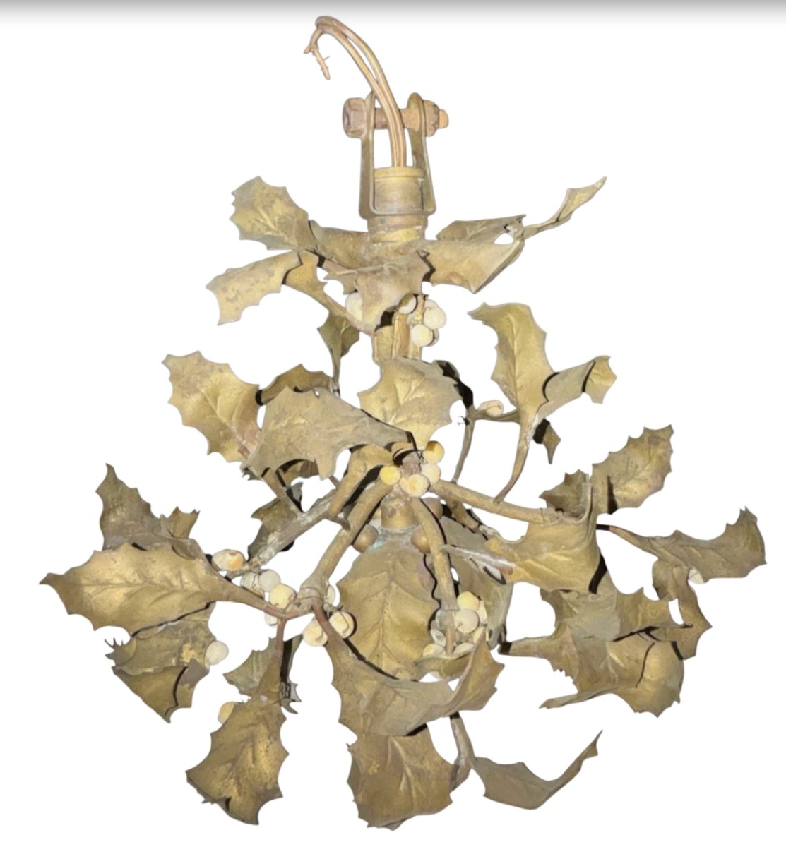 Art Nouveau Circa 1900 Rare Small Chandelier (hanging Light) With A Bouquet Of Holly And Mistletoe Balls