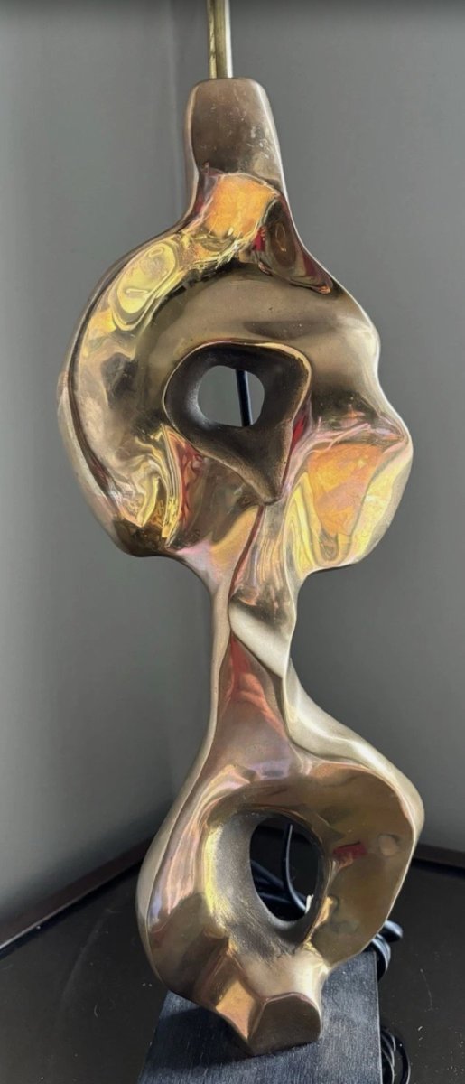 Jaubert Michel (20th Century) Gilt Bronze Table Lamp, Signed, H: 67cm-photo-2