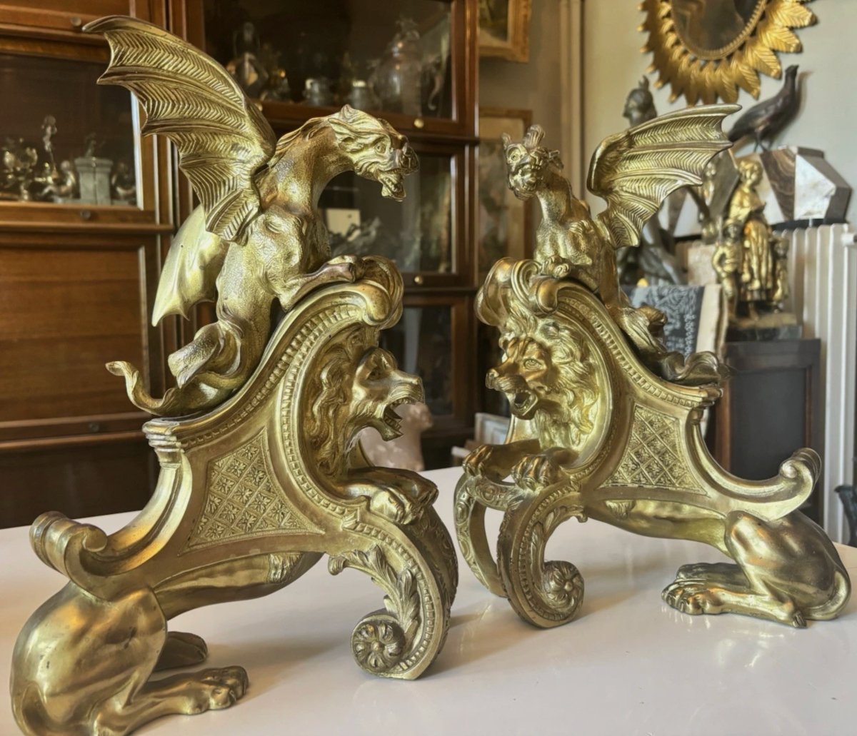 Charles Cressent (1685-1768) Pair Of Andirons, Finely Chased Gilt Bronze, Dragons & Lions-photo-4