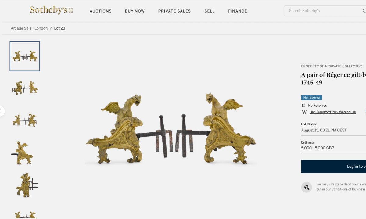 Charles CRESSENT ( 1685-1768 )  Paire de chenets, bronze doré finement ciselés, dragons & lions-photo-4