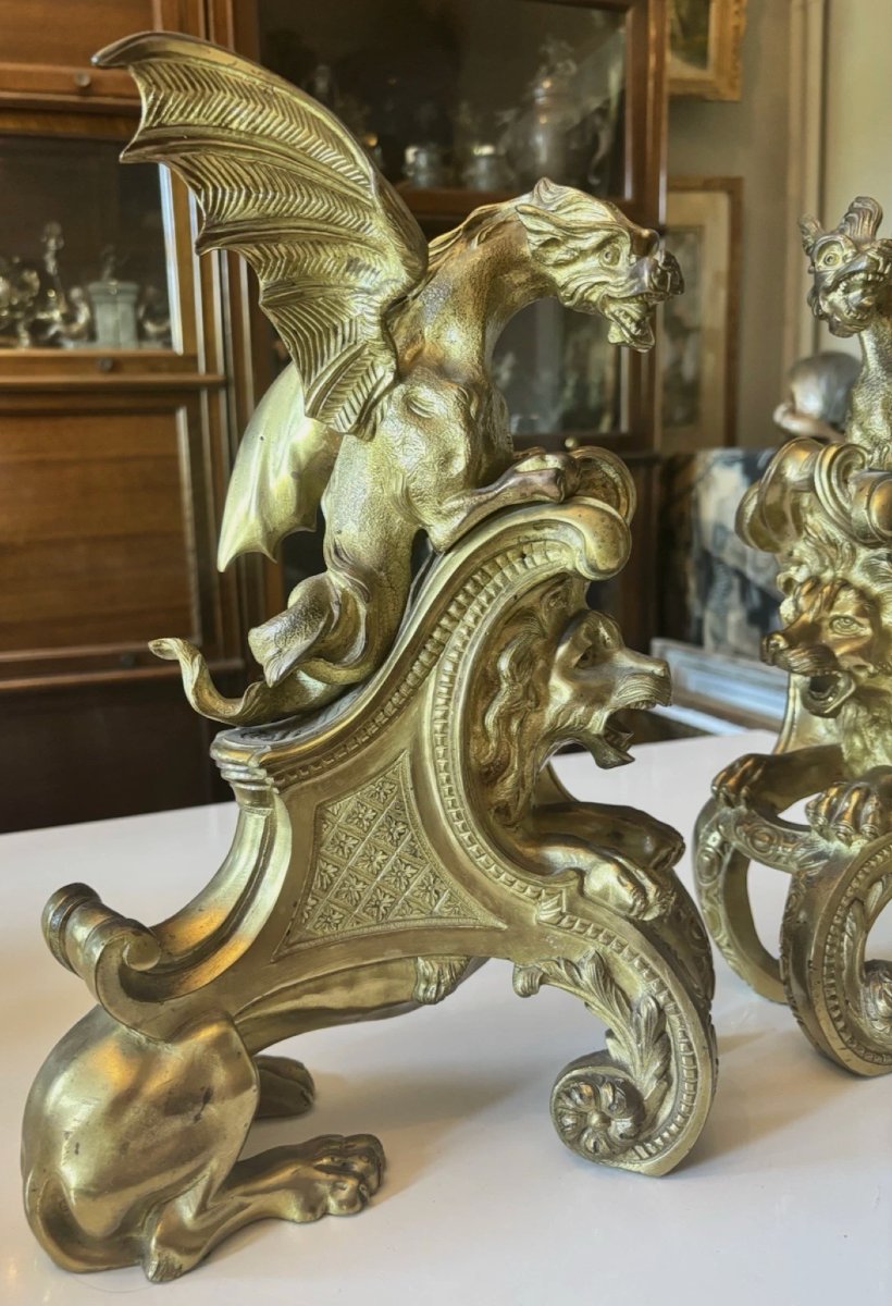 Charles Cressent (1685-1768) Pair Of Andirons, Finely Chased Gilt Bronze, Dragons & Lions-photo-1