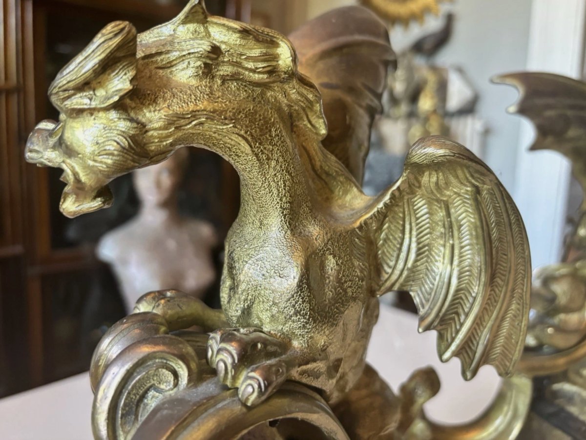 Charles Cressent (1685-1768) Pair Of Andirons, Finely Chased Gilt Bronze, Dragons & Lions-photo-2