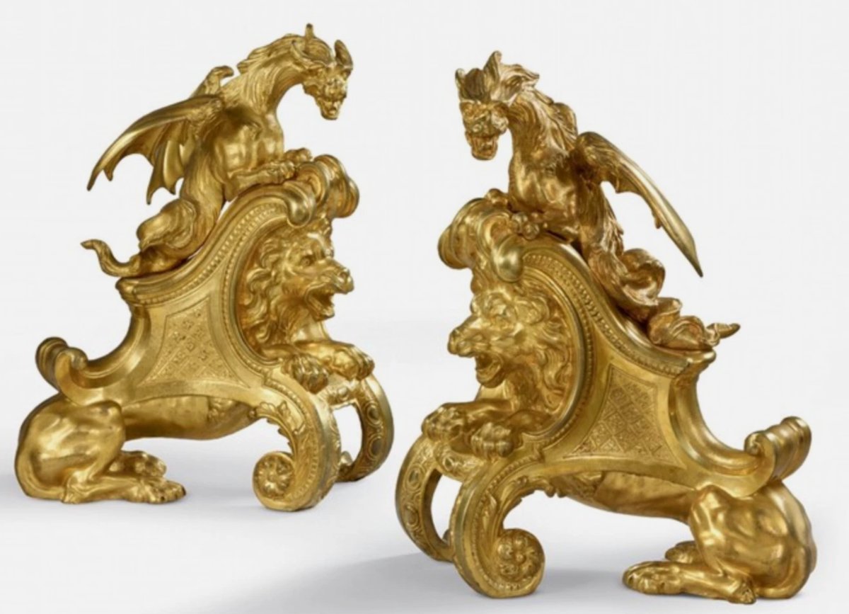 Charles CRESSENT ( 1685-1768 )  Paire de chenets, bronze doré finement ciselés, dragons & lions