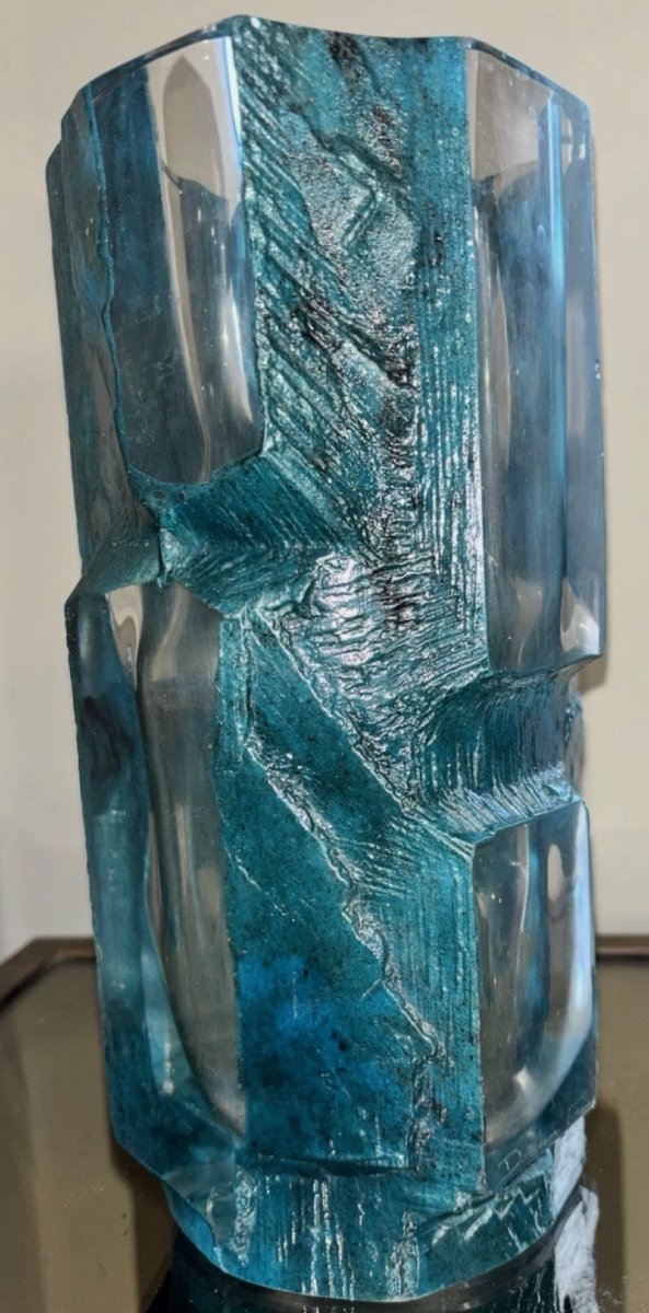 Daum, France. Brutalist Argos Vase, In Thick Molded Crystal With An External Turquoise Blue Patina.  -photo-2
