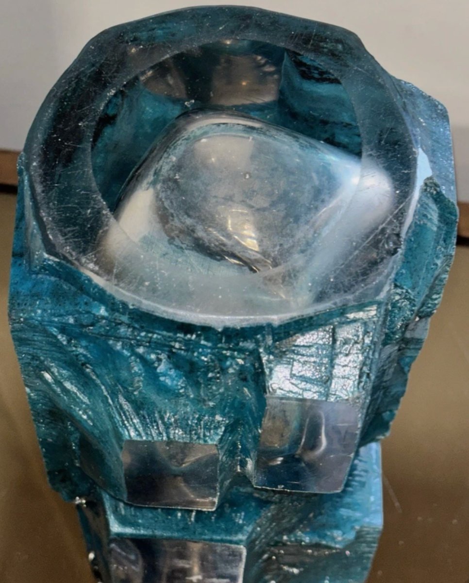 Daum, France. Brutalist Argos Vase, In Thick Molded Crystal With An External Turquoise Blue Patina.  -photo-3