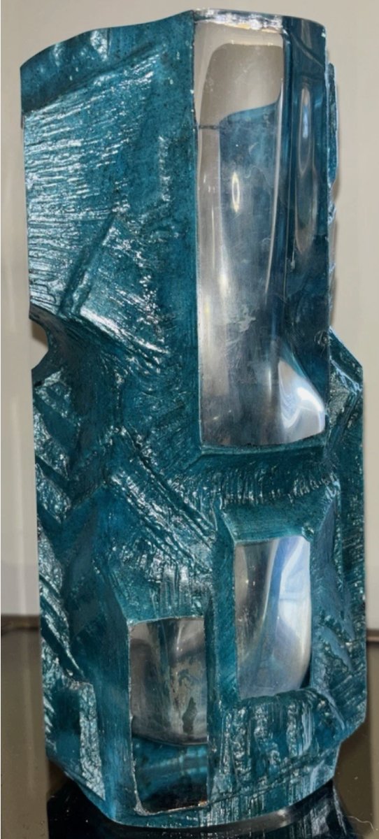 Daum, France. Brutalist Argos Vase, In Thick Molded Crystal With An External Turquoise Blue Patina.  -photo-4