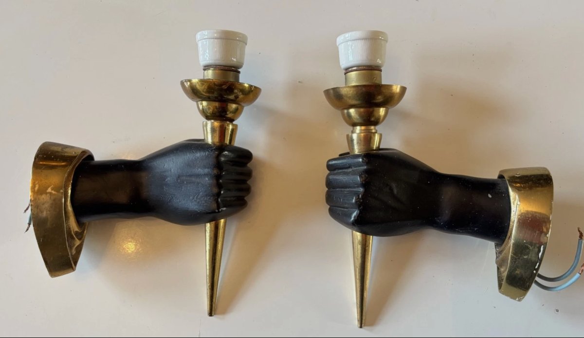 Arlus Or Devoluy: Pair Of Bronze And Opaline Wall Sconces (nubian Hands)-photo-3