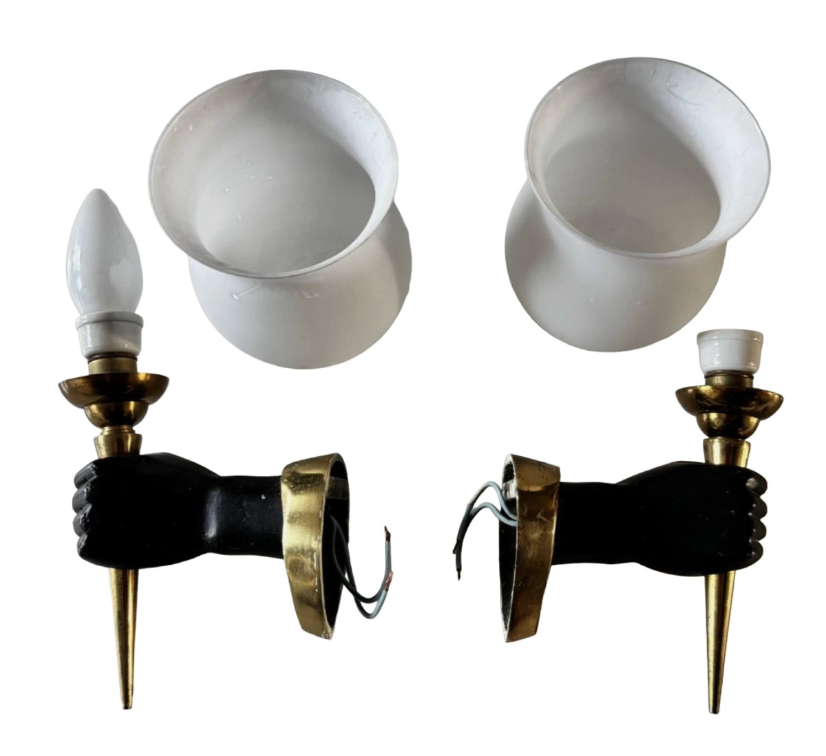 Arlus Or Devoluy: Pair Of Bronze And Opaline Wall Sconces (nubian Hands)