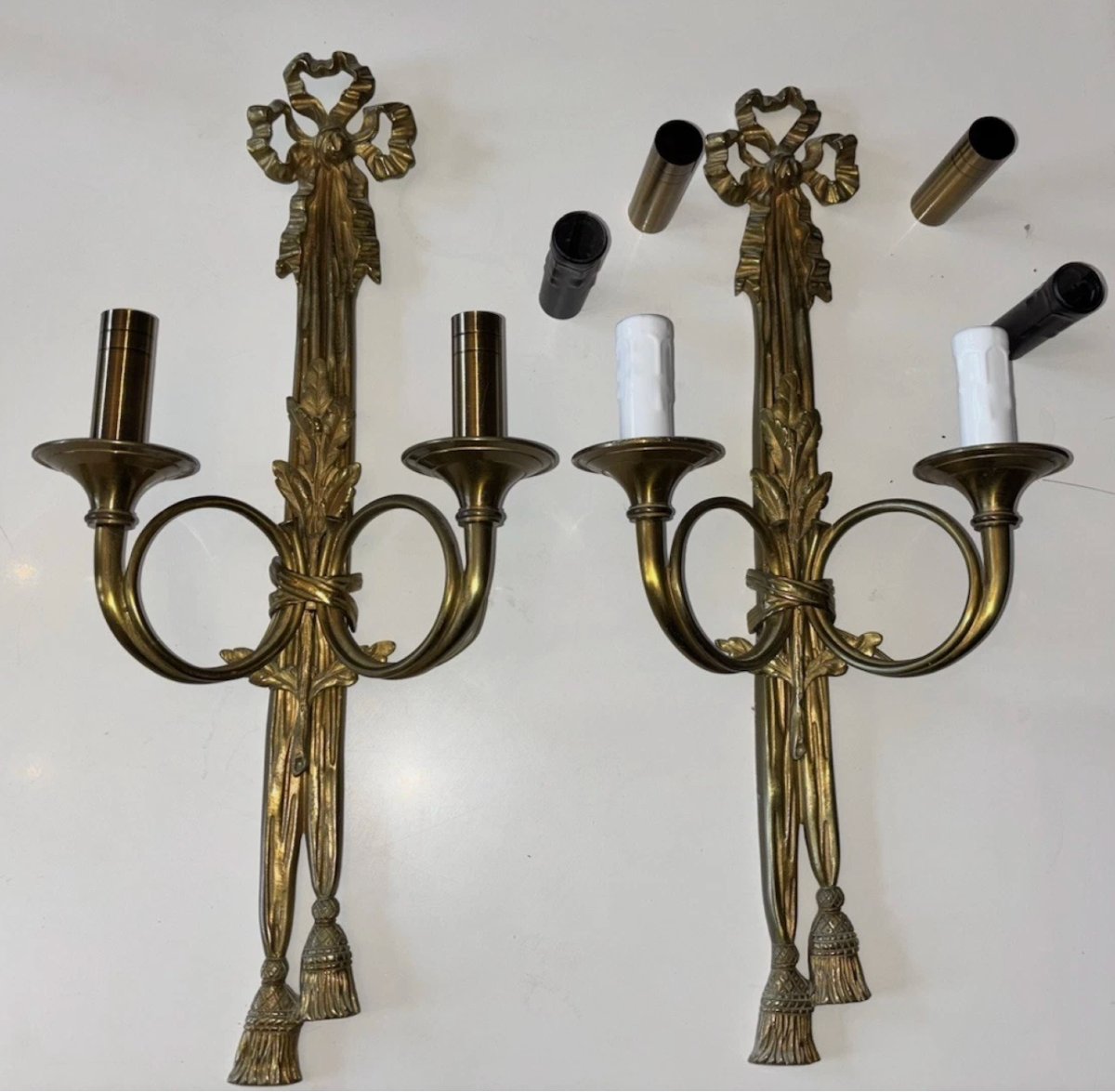 Maison CHARLES Paris  Grande paire d'appliques néo classique en bronze doré 53cm  Signées-photo-4