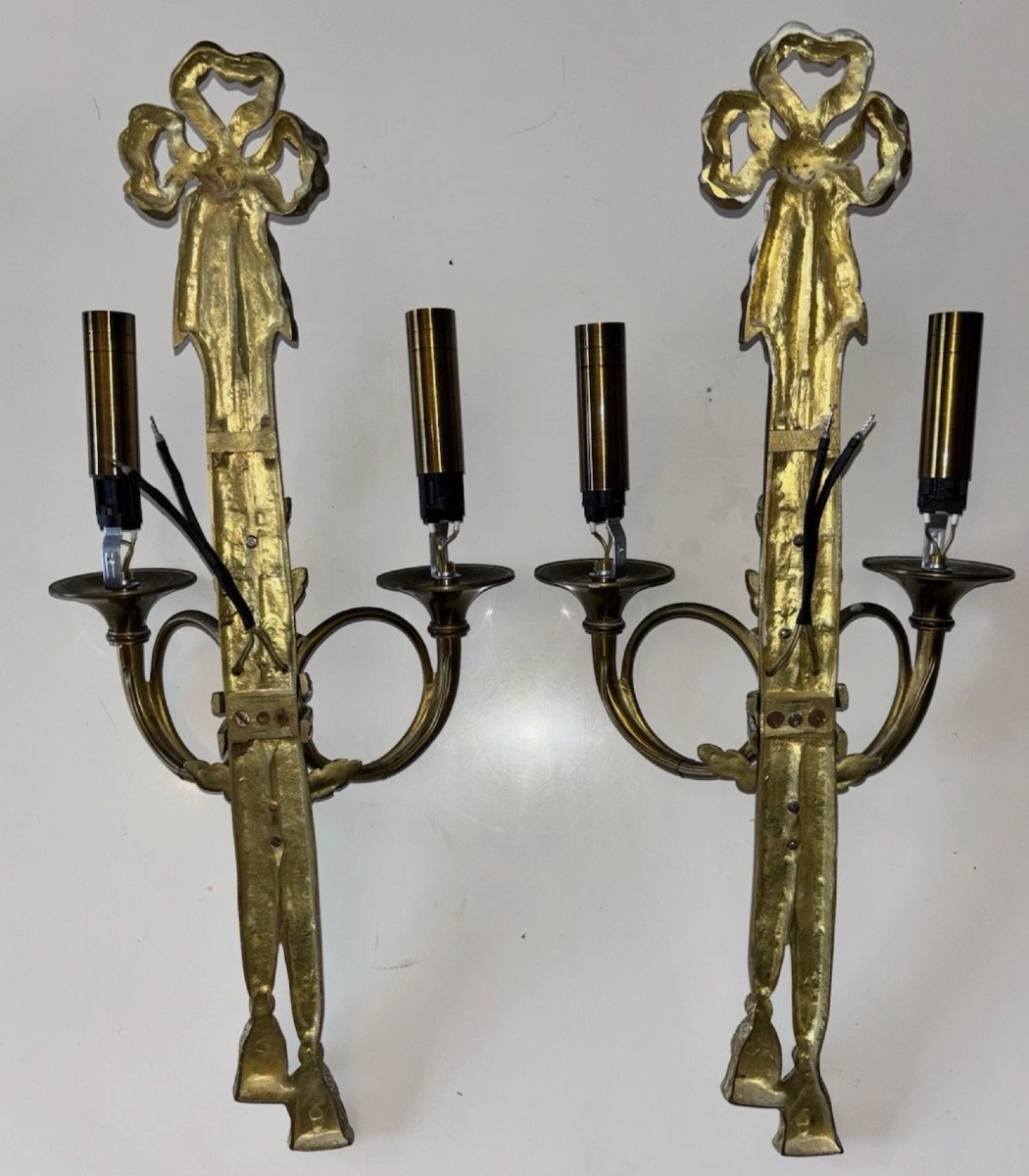 Maison CHARLES Paris  Grande paire d'appliques néo classique en bronze doré 53cm  Signées-photo-8