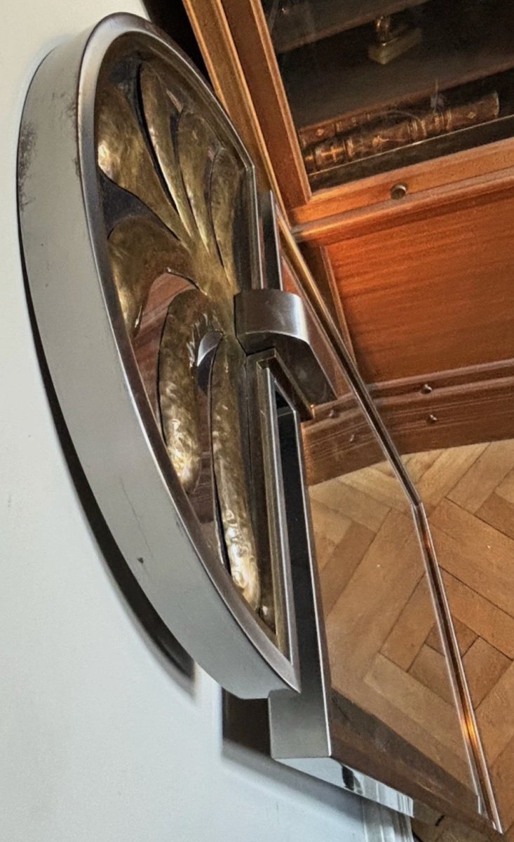 Maison Banci Firenze Italie Important Beveled Palm Tree Mirror In Brushed Metal And Gilt Brass.-photo-5