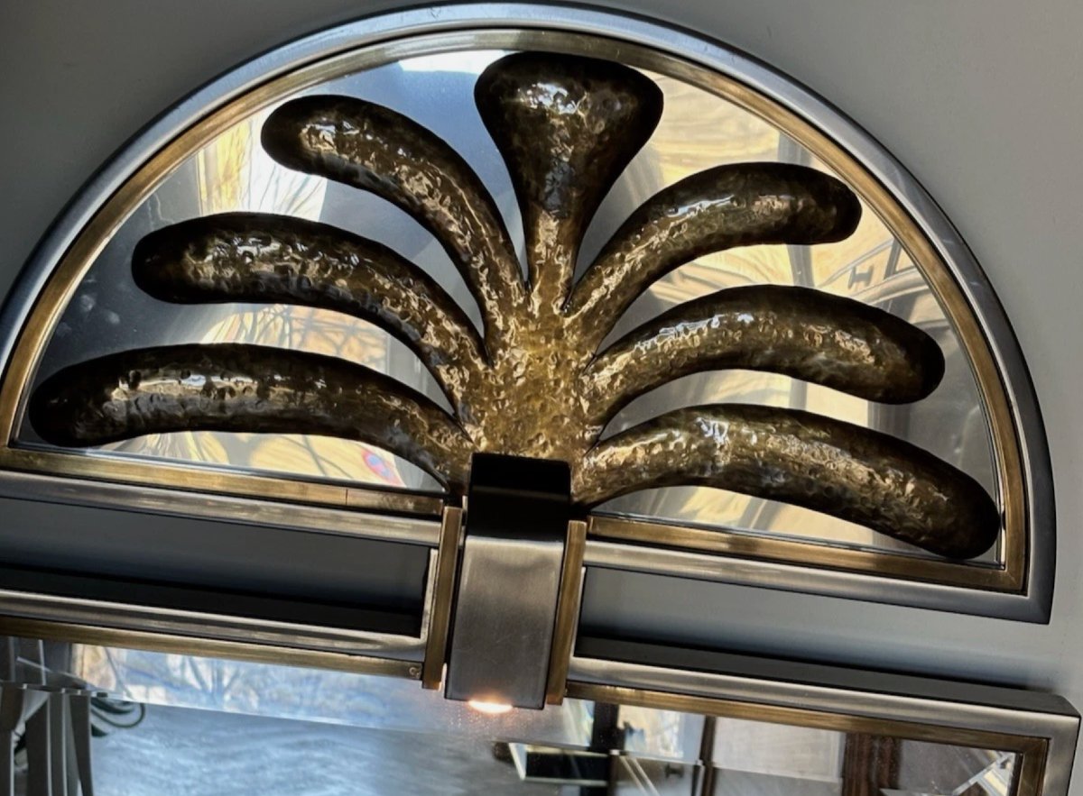 Maison Banci Firenze Italie Important Beveled Palm Tree Mirror In Brushed Metal And Gilt Brass.-photo-7
