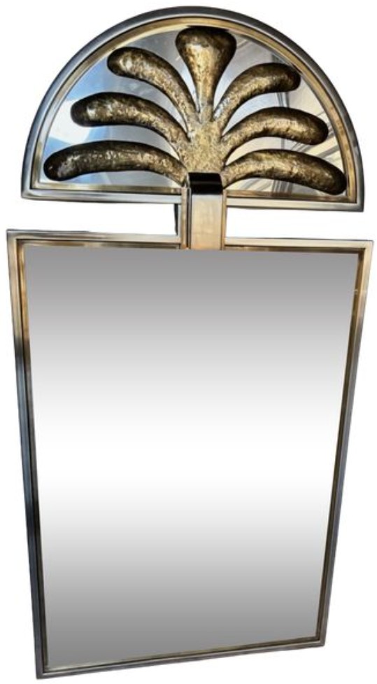 Maison Jansen Or Bagues. Important Beveled Palm Tree Mirror In Brushed Metal And Gilt Brass.
