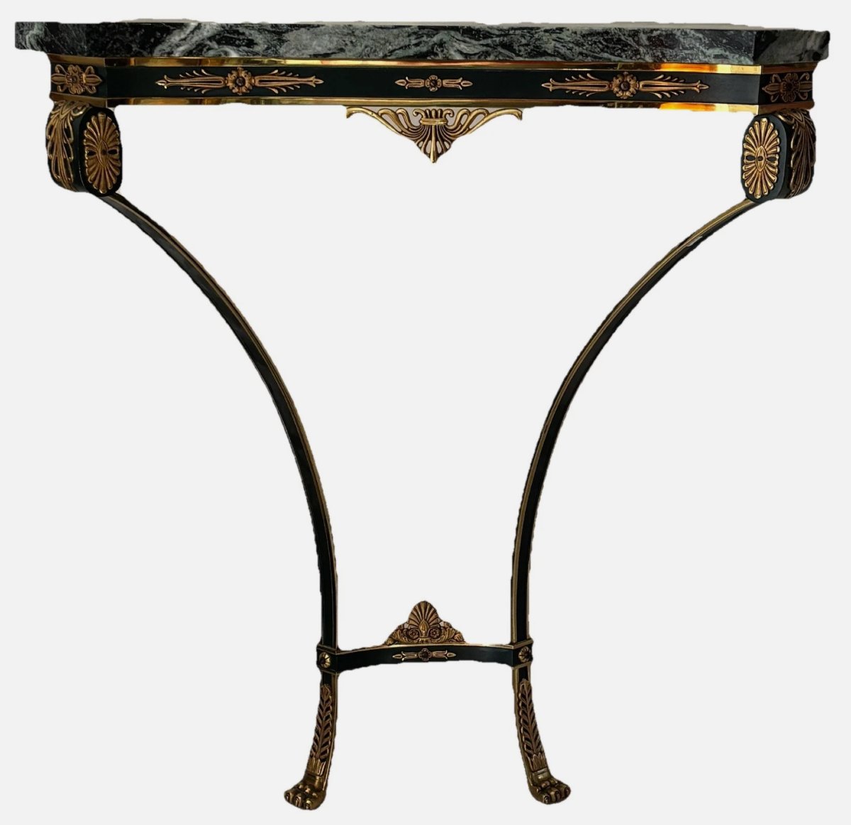 Console murale néo-classique en laiton doré et laqué vert. Dessus marbre vert de mer-photo-8