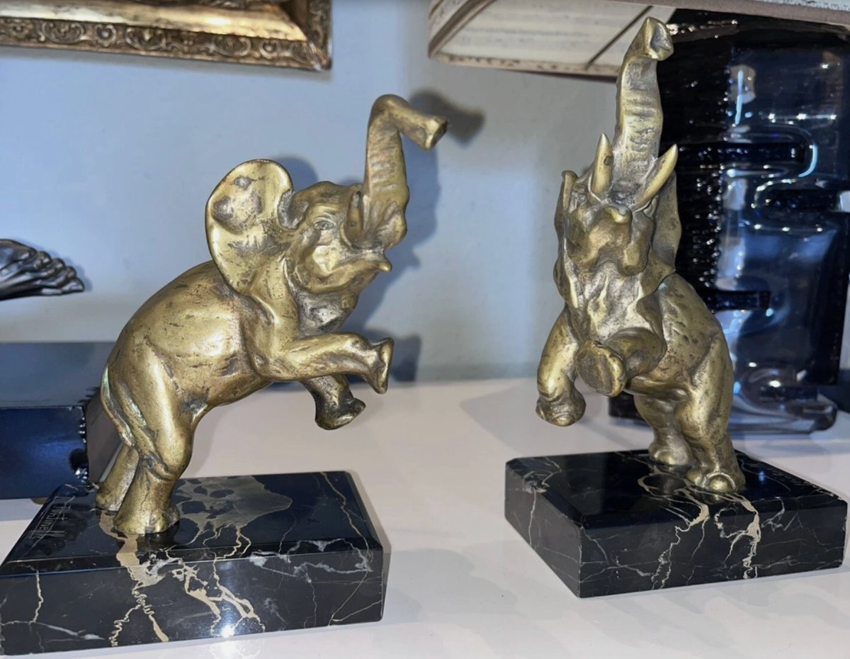 Louis Fontinelle (1886-1964) Bookends With Elephants In Bronze On Marble,  Signed-photo-3
