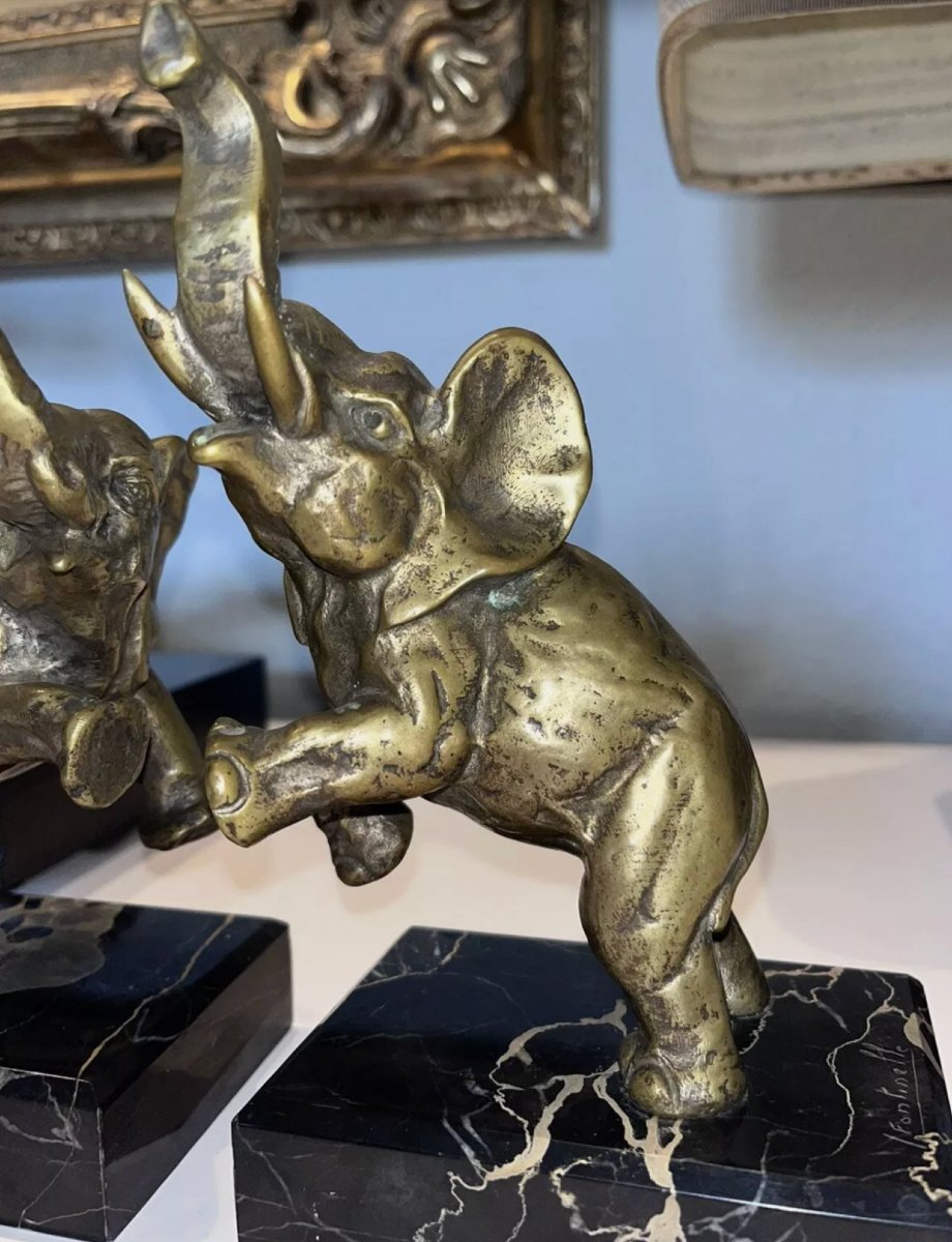 Louis Fontinelle (1886-1964) Bookends With Elephants In Bronze On Marble,  Signed-photo-2