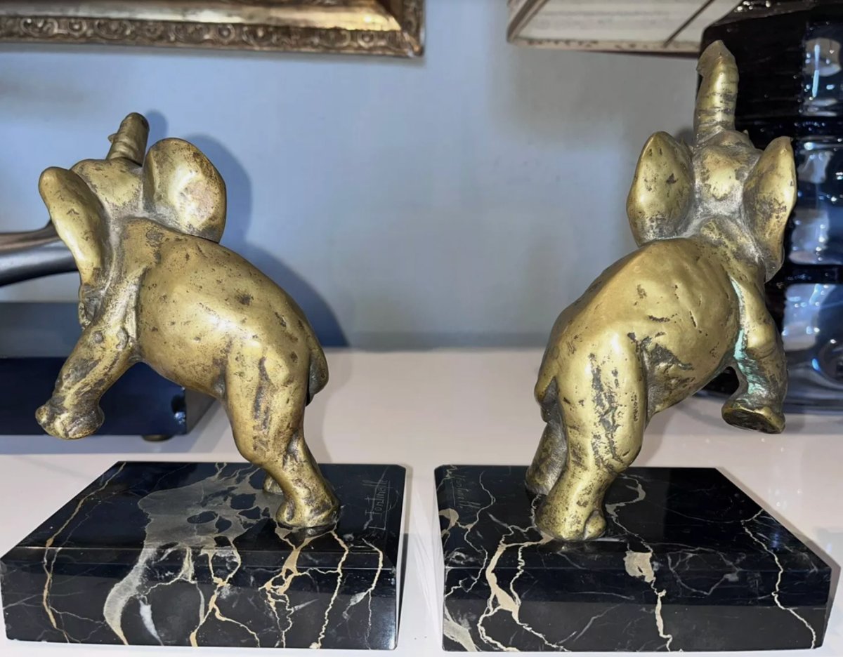 Louis Fontinelle (1886-1964) Bookends With Elephants In Bronze On Marble,  Signed-photo-4