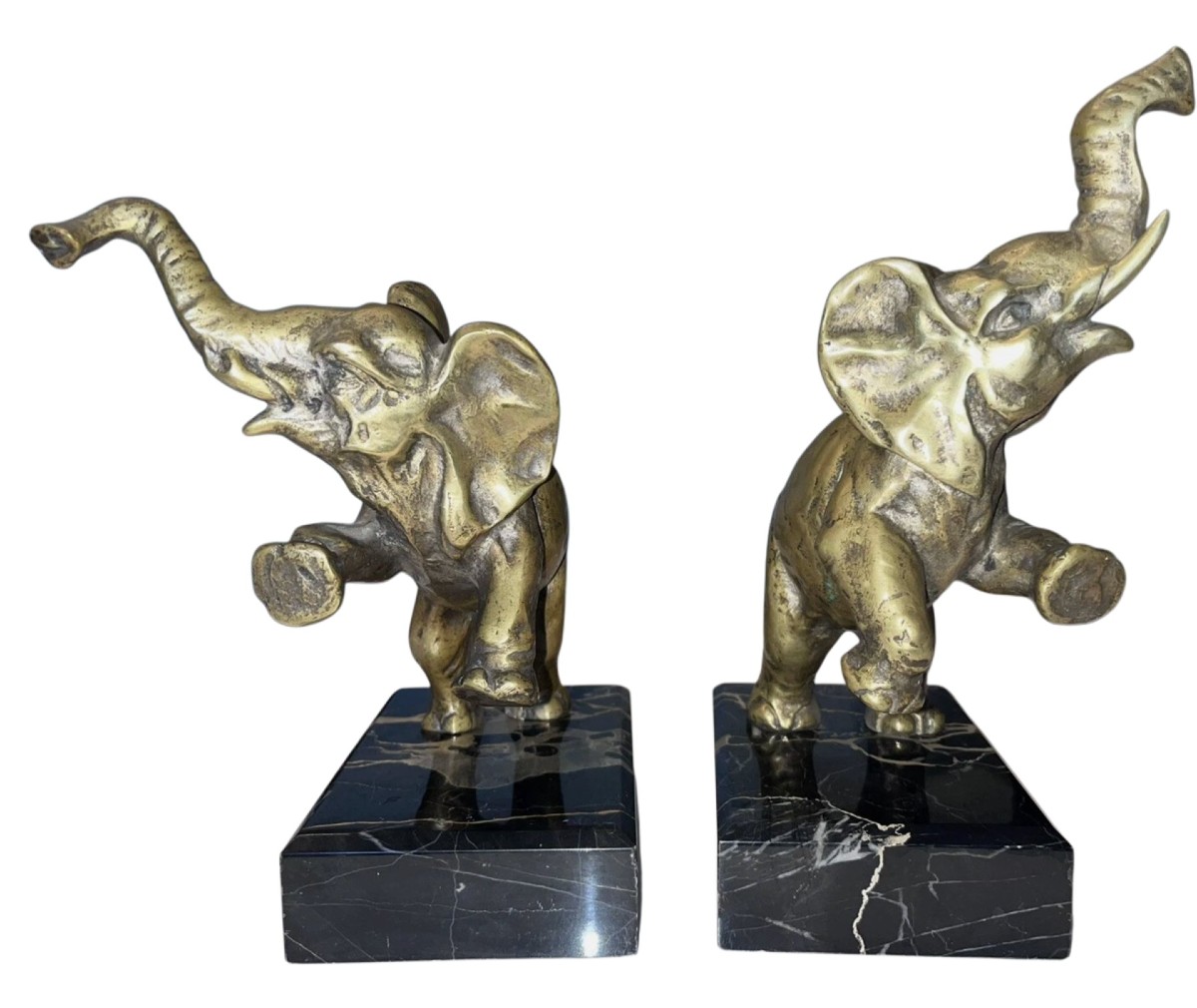 Louis Fontinelle (1886-1964) Bookends With Elephants In Bronze On Marble,  Signed