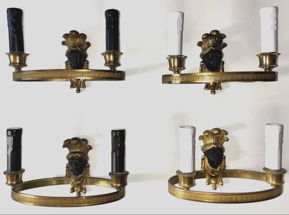 Maison Bagues 4 Wall Sconces In Gilded And Patinated Bronze, Featuring The Heads Of Indians Or Nubians-photo-1