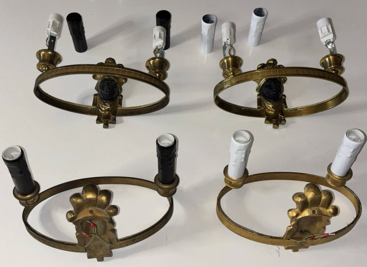 Maison Bagues 4 Wall Sconces In Gilded And Patinated Bronze, Featuring The Heads Of Indians Or Nubians-photo-2