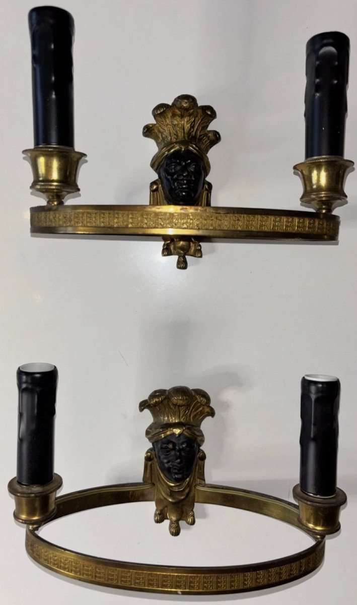 Maison Bagues 4 Wall Sconces In Gilded And Patinated Bronze, Featuring The Heads Of Indians Or Nubians-photo-4