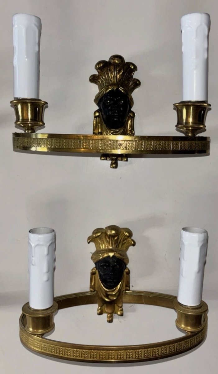 Maison Bagues 4 Wall Sconces In Gilded And Patinated Bronze, Featuring The Heads Of Indians Or Nubians-photo-5