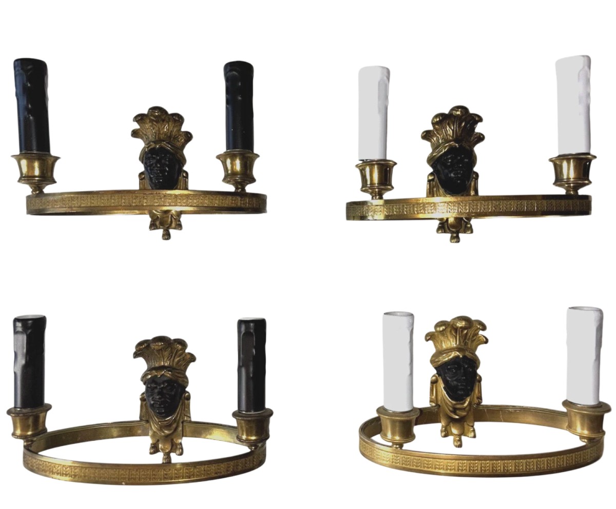 Maison Bagues 4 Wall Sconces In Gilded And Patinated Bronze, Featuring The Heads Of Indians Or Nubians