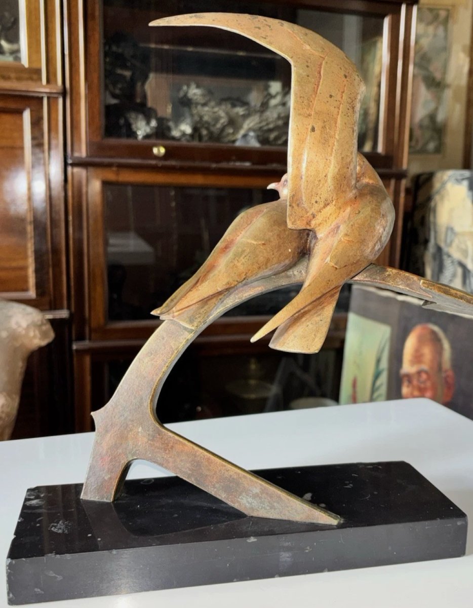 André-Vincent BECQUEREL (1893-1981)  Deux hirondelles  Epreuve en bronze à patine dorée  Signée-photo-4