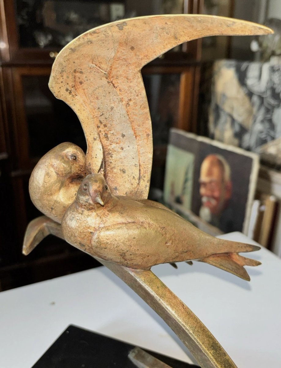 André-Vincent BECQUEREL (1893-1981)  Deux hirondelles  Epreuve en bronze à patine dorée  Signée-photo-5