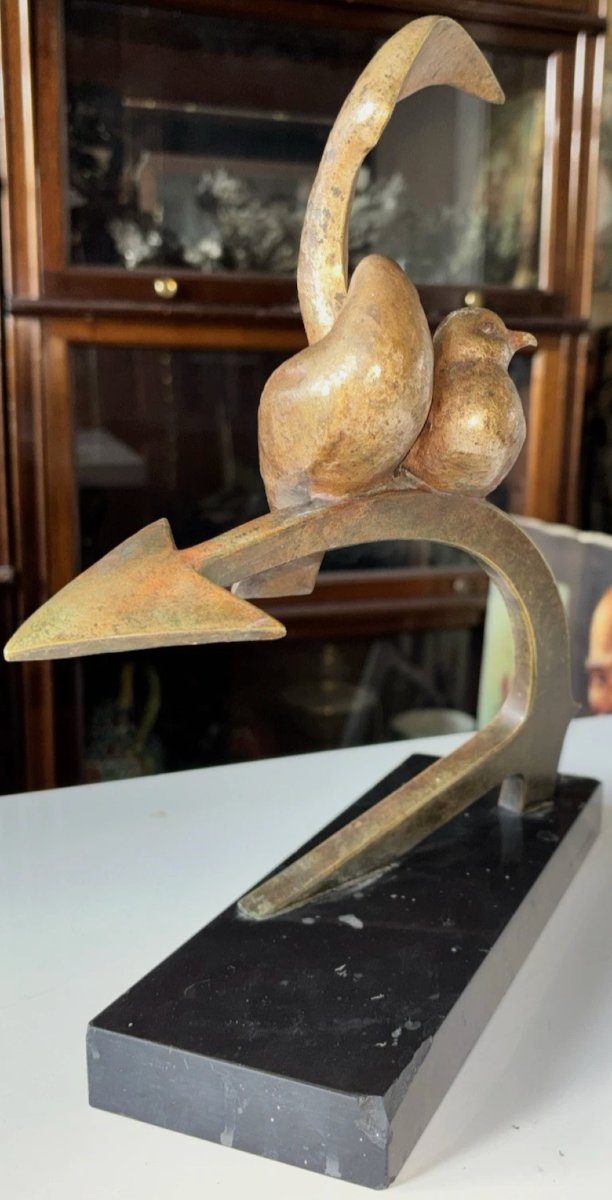 André-Vincent BECQUEREL (1893-1981)  Deux hirondelles  Epreuve en bronze à patine dorée  Signée-photo-6