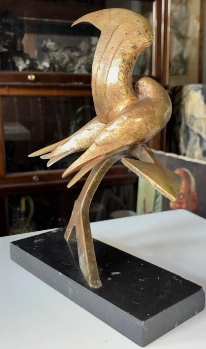 André-Vincent BECQUEREL (1893-1981)  Deux hirondelles  Epreuve en bronze à patine dorée  Signée-photo-7