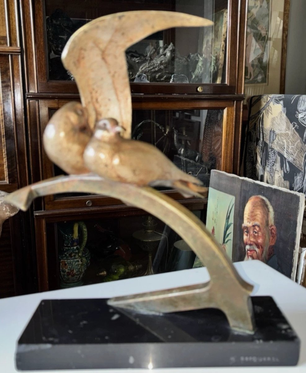 André-Vincent BECQUEREL (1893-1981)  Deux hirondelles  Epreuve en bronze à patine dorée  Signée-photo-8