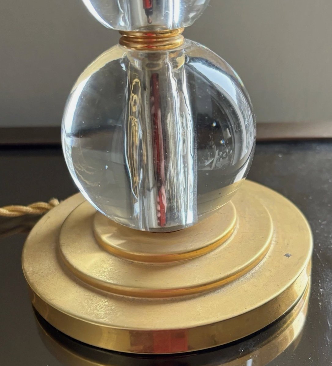 Henri MORAND Paris. ( 1914-2010 )  Lampe de bureau Art Déco en bronze et cristal.   Signée -photo-3