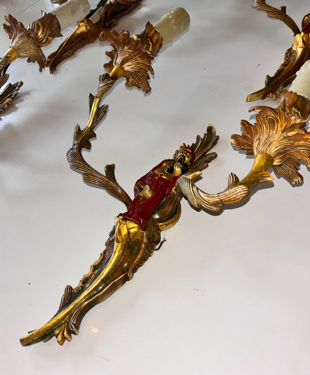 Maison Jansen. Suite Of 4 Chinese Sconces With Polychrome Gilt Bronze Foliage Couple Decor-photo-2