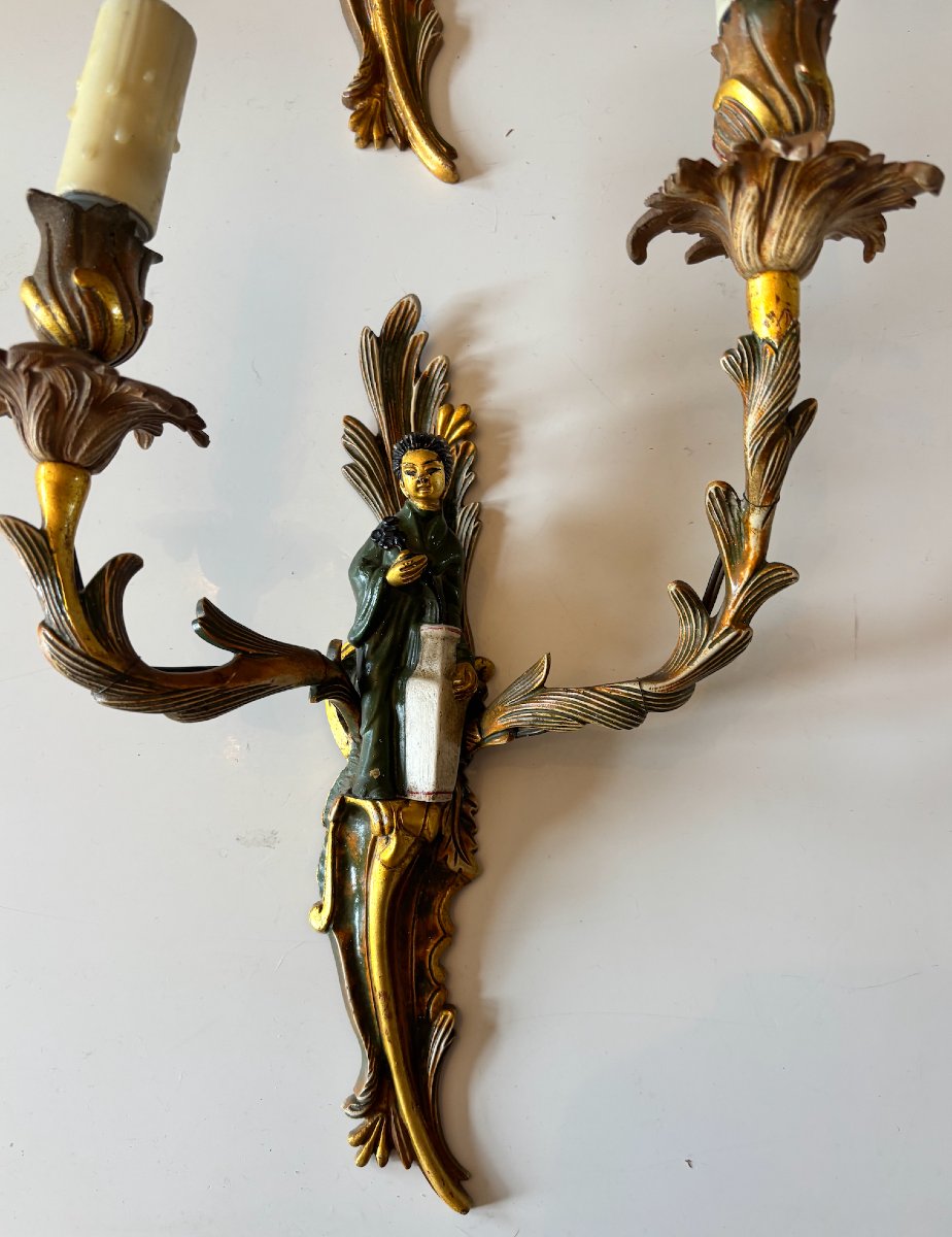 Maison Jansen. Suite Of 4 Chinese Sconces With Polychrome Gilt Bronze Foliage Couple Decor-photo-3