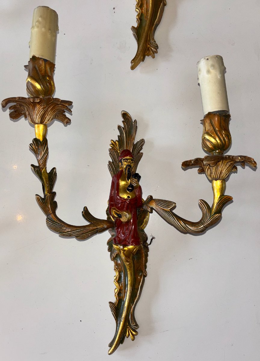 Maison Jansen. Suite Of 4 Chinese Sconces With Polychrome Gilt Bronze Foliage Couple Decor-photo-4