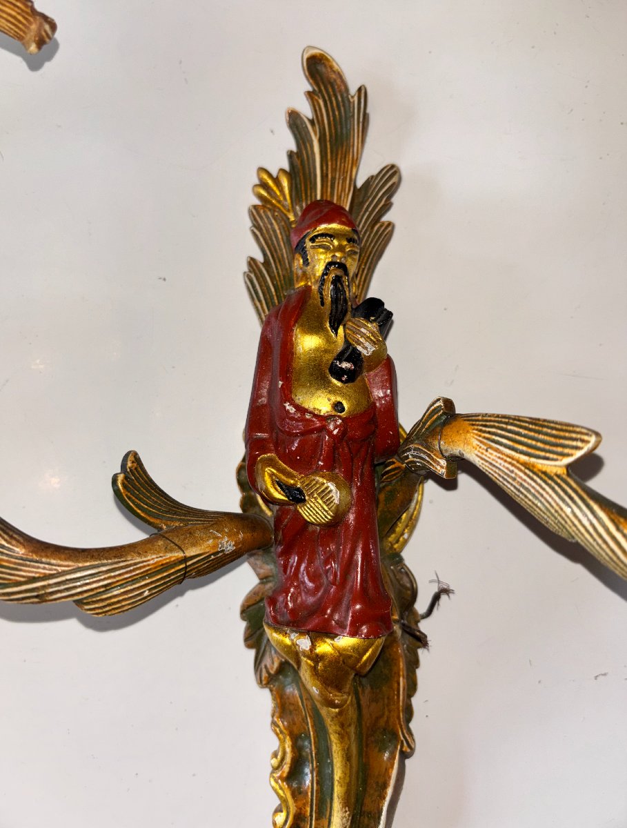 Maison Jansen. Suite Of 4 Chinese Sconces With Polychrome Gilt Bronze Foliage Couple Decor-photo-1