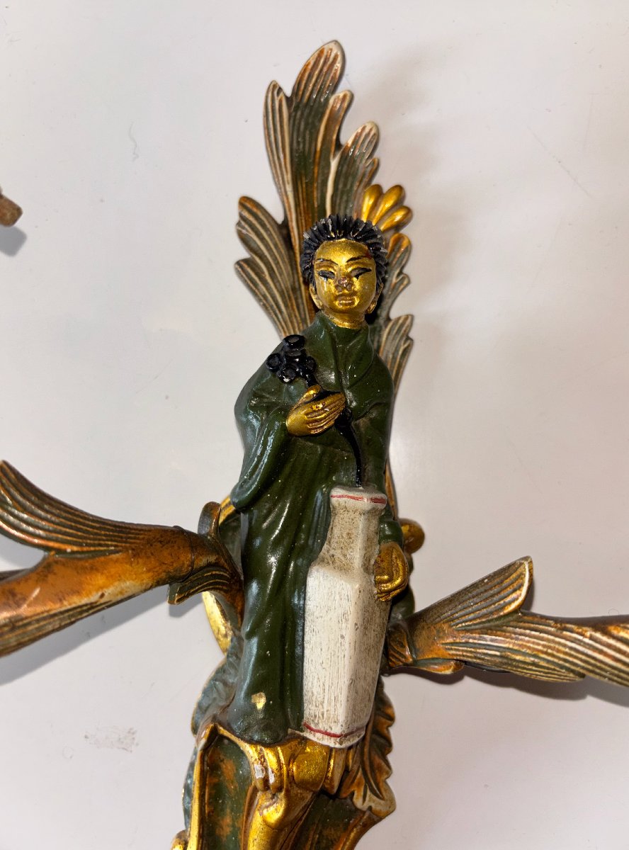 Maison Jansen. Suite Of 4 Chinese Sconces With Polychrome Gilt Bronze Foliage Couple Decor-photo-2