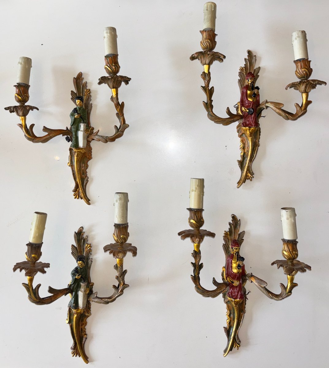 Maison Jansen. Suite Of 4 Chinese Sconces With Polychrome Gilt Bronze Foliage Couple Decor-photo-3