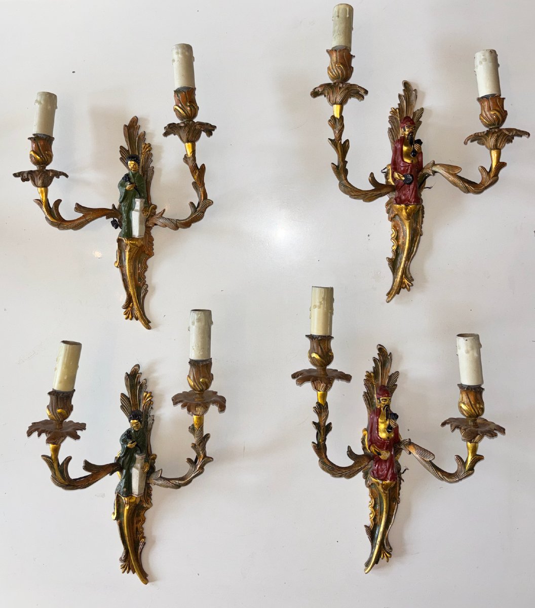 Maison Jansen. Suite Of 4 Chinese Sconces With Polychrome Gilt Bronze Foliage Couple Decor-photo-4