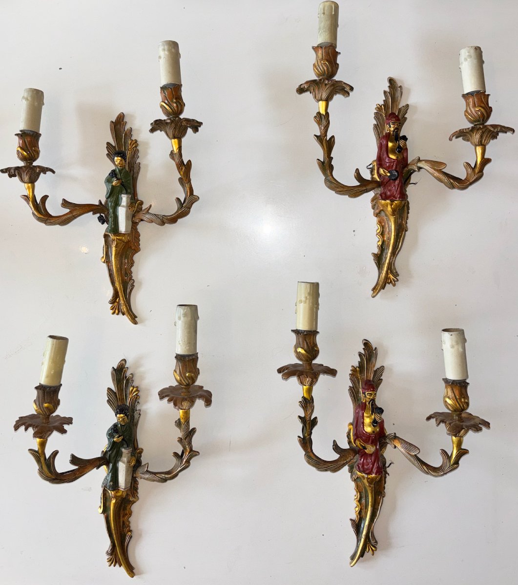 Maison Jansen. Suite Of 4 Chinese Sconces With Polychrome Gilt Bronze Foliage Couple Decor