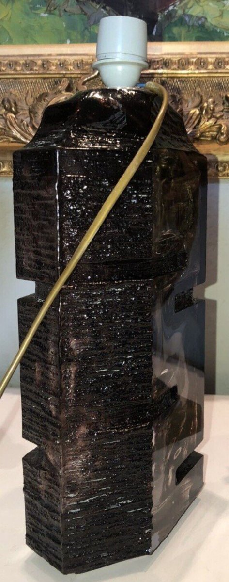 Daum Argos Brutalist Table Lamp In Eggplant-colored Crystal (rare) Signed-photo-2