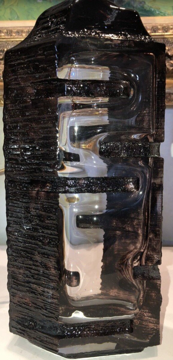 Daum Argos Brutalist Table Lamp In Eggplant-colored Crystal (rare) Signed-photo-4
