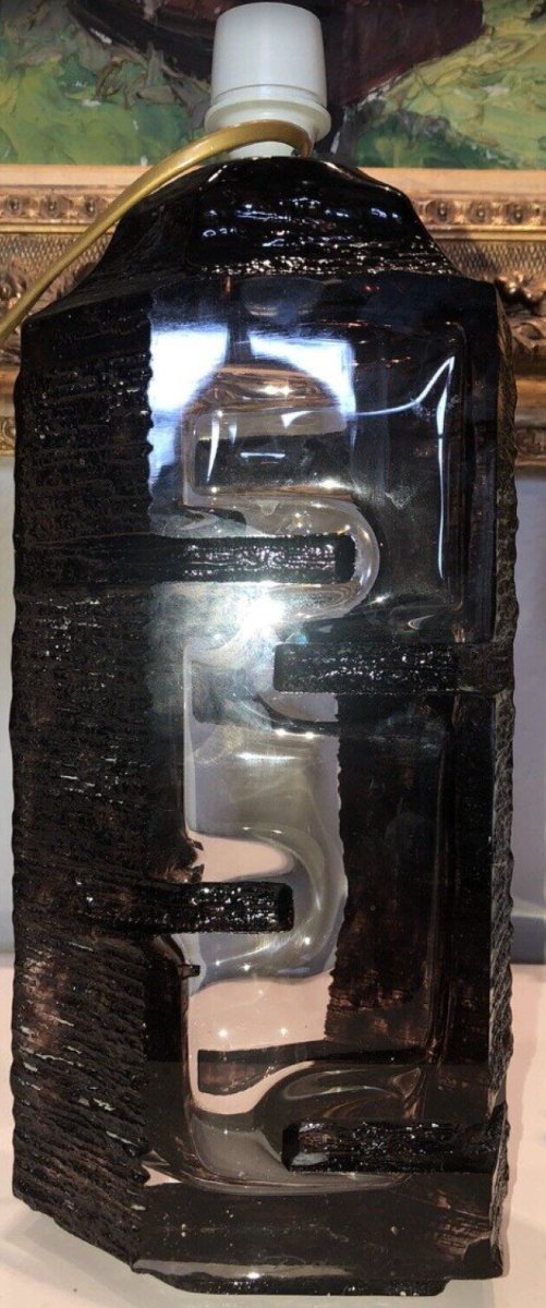 Daum Argos Brutalist Table Lamp In Eggplant-colored Crystal (rare) Signed-photo-2